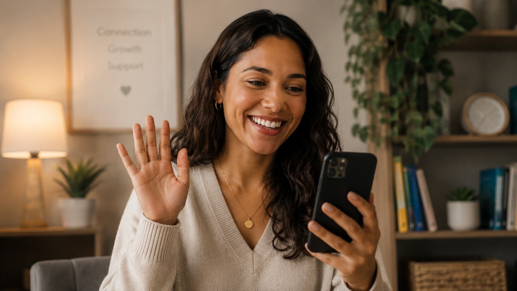 A Kinspire clinician waving during a video call from a cozy home office