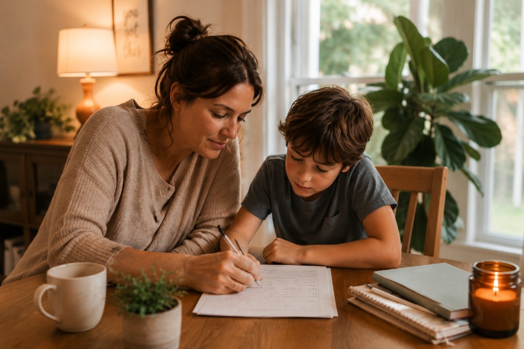 A mother helping her son with schoolwork at the dining table during a calm moment at home