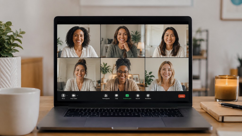 A laptop showing a live ADHD parent support group with smiling families on screen