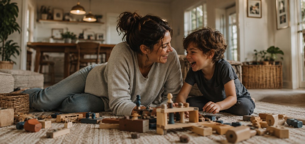 A mother and son laughing together while playing with blocks on the living room floor