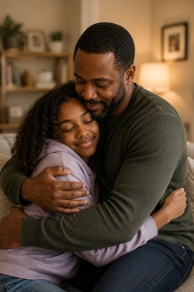 A father and daughter sharing a warm, supportive hug in their living room at home
