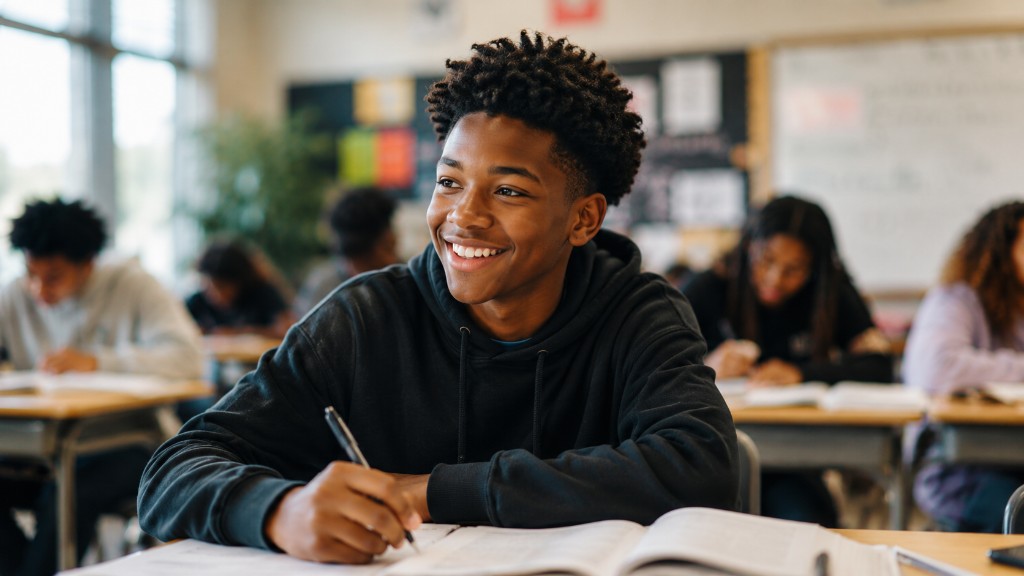 A smiling student with ADHD engaged and confident in a bright classroom