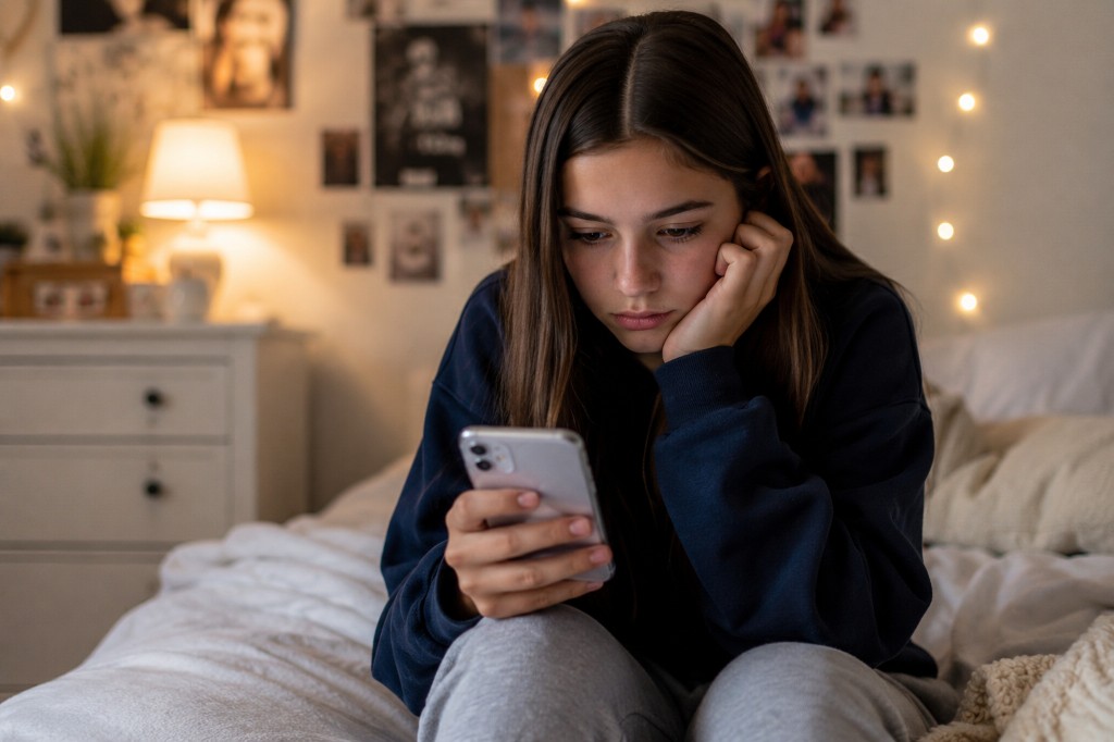 A teenage girl sitting on her bed in a softly lit bedroom, looking down at her phone with a worried expression