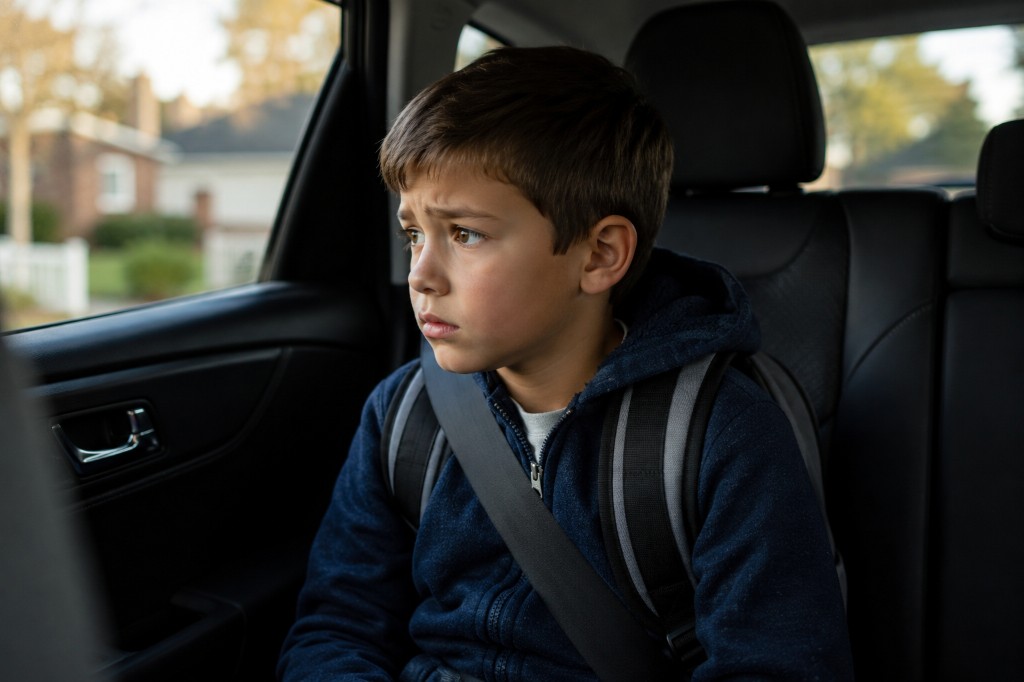 A young boy with a worried expression sits in the back seat of a car, looking out the window while wearing a backpack