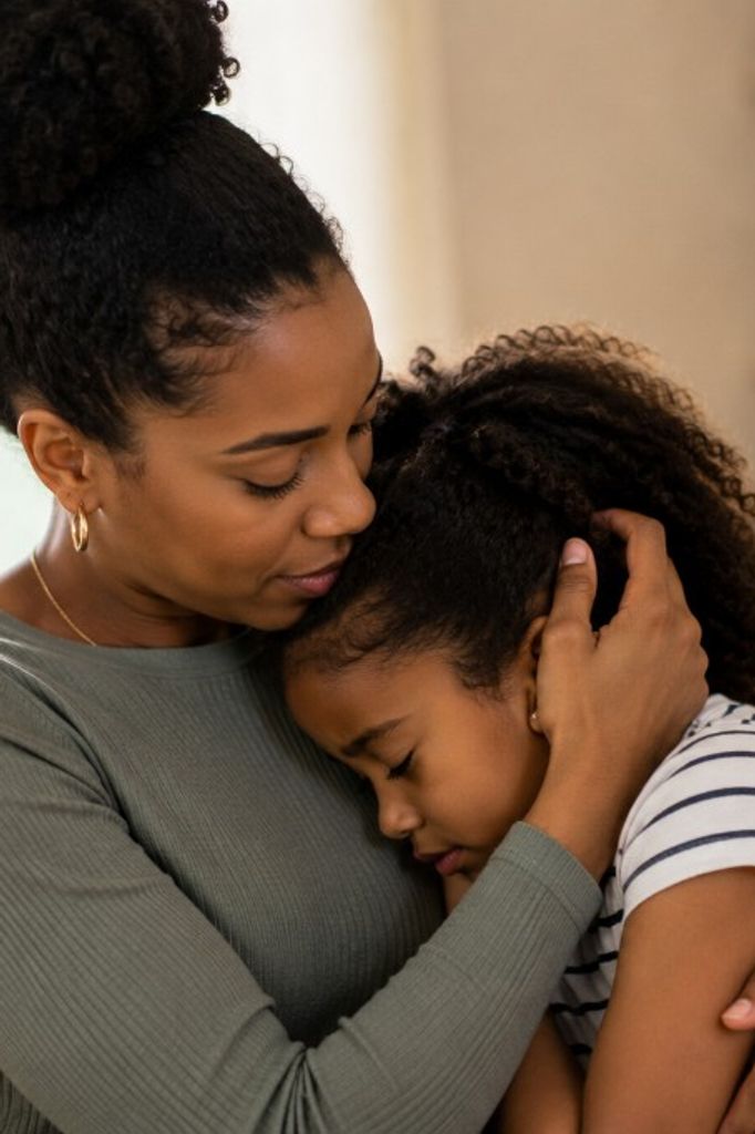 A mother gently embracing her young daughter on a couch in a warm home setting, offering calm co-regulation and emotional support