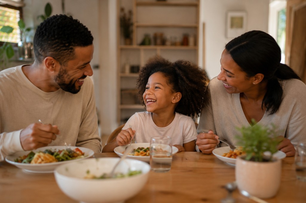 A father, mother, and young daughter laughing together at the dining table over bowls of pasta and vegetables in a warm, bright home