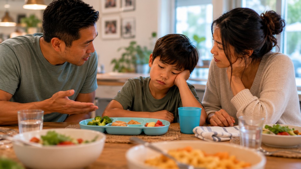A mother and father leaning in with concern as their young son sits dejected at the dinner table in front of a divided plate of safe foods