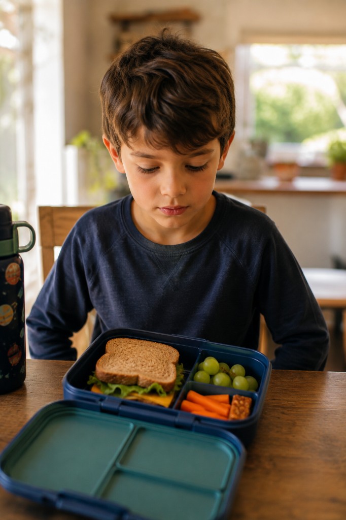A young boy sitting at a wooden table looking down at an open bento lunchbox with a hesitant, worried expression