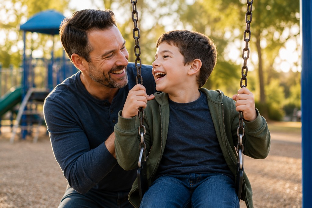 A father and his young son laughing together at a sunlit playground, with the son sitting on a swing