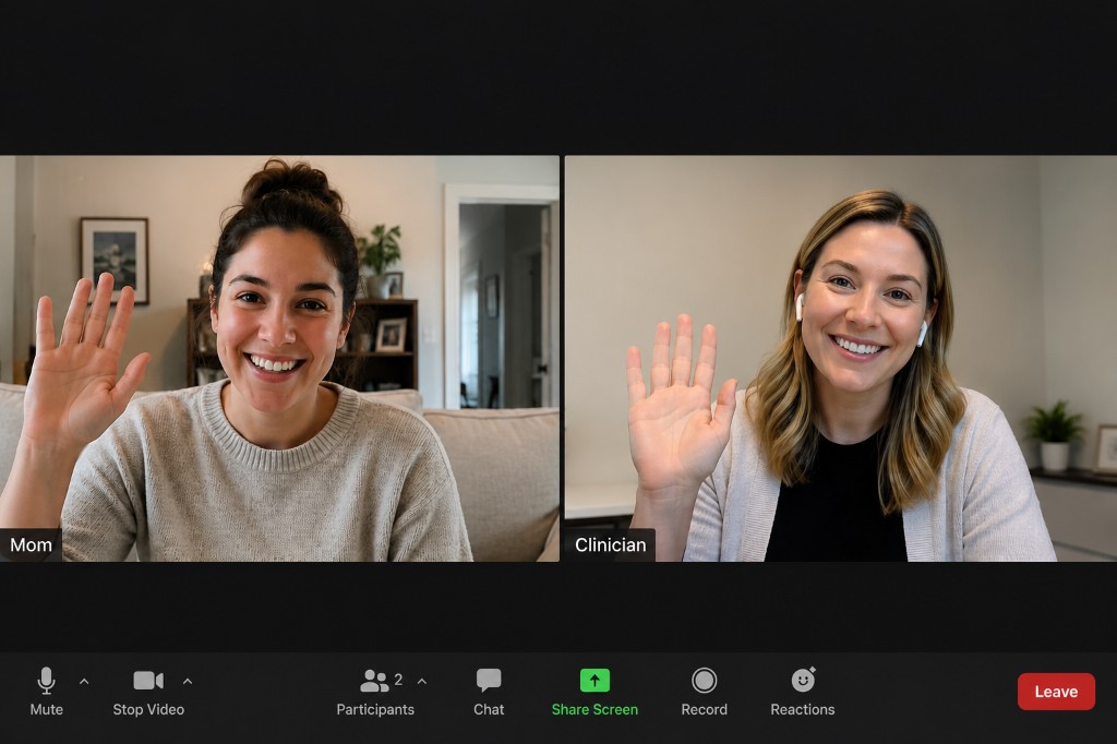 A parent and Kinspire clinician waving hello during a live split-screen video session