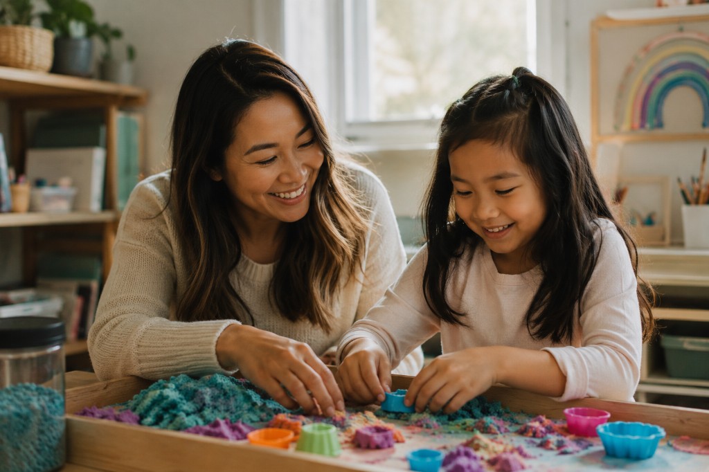 A smiling mother and her young daughter playing together with colorful kinetic sand and molds in a wooden tray at home