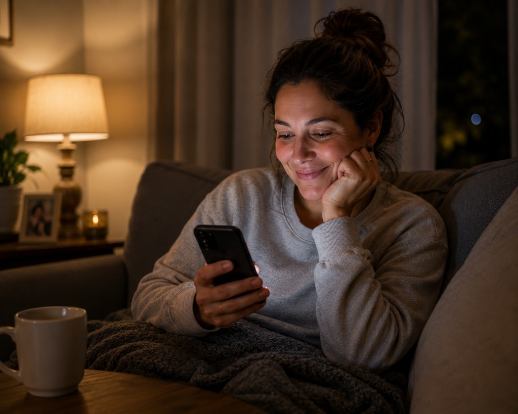 A woman smiling warmly while looking at her smartphone, sitting on a couch wrapped in a blanket in a cozy living room at night