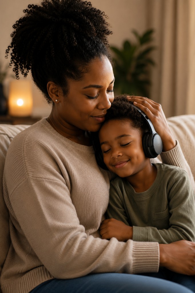 A mother and young son sharing a close, peaceful embrace on a couch, the boy wearing over-ear headphones with eyes closed and a calm smile