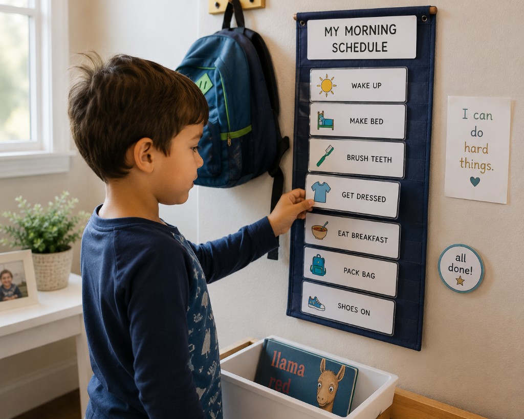 A young boy using a visual morning schedule chart on a wall to manage his daily routine, touching a card that says Get Dressed