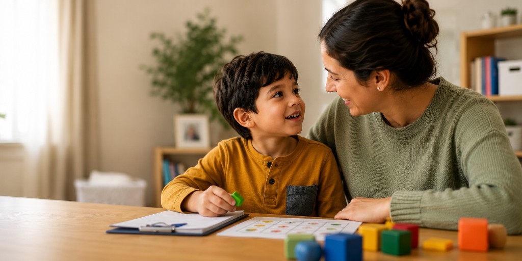 A woman and young boy smiling together at a kitchen table with colorful wooden blocks and learning materials