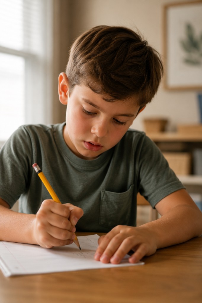 A young boy concentrating while writing on lined paper at a wooden table in warm natural light