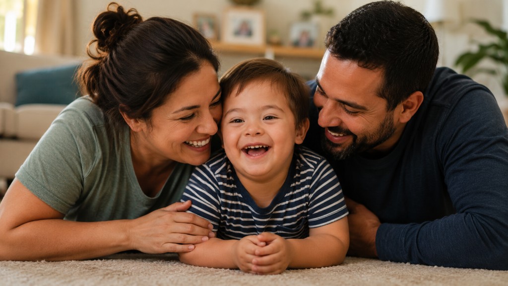 A mother, father, and young son with Down syndrome laughing together while lying on a rug in a sunlit living room