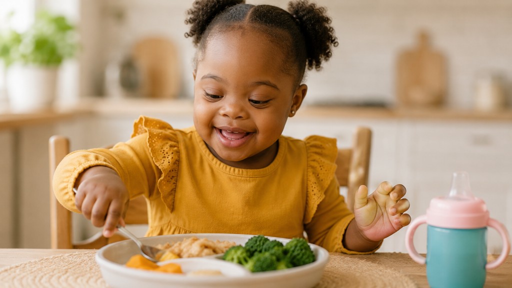 A young girl with Down syndrome smiling while eating from a divided plate at a sunlit kitchen table