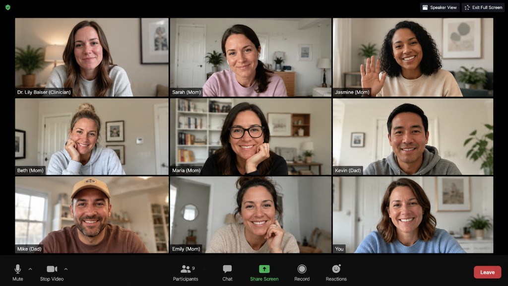 A video call grid showing parents and Dr. Lily Baiser in a live Kinspire support session