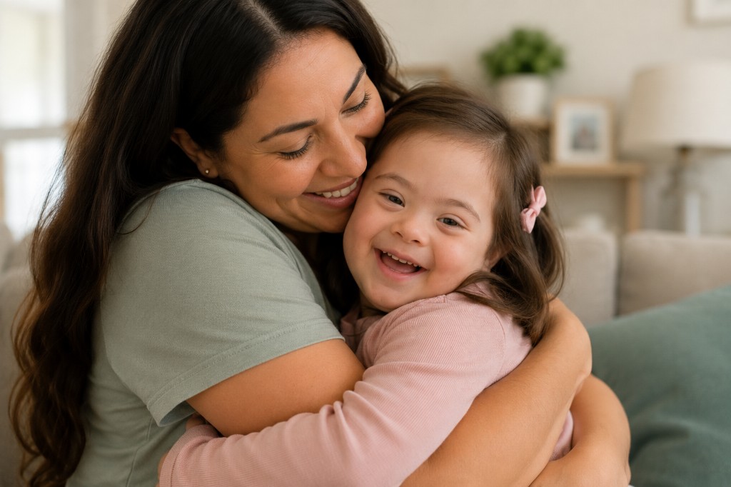 A mother and young daughter with Down syndrome hugging and smiling together in a sunlit living room