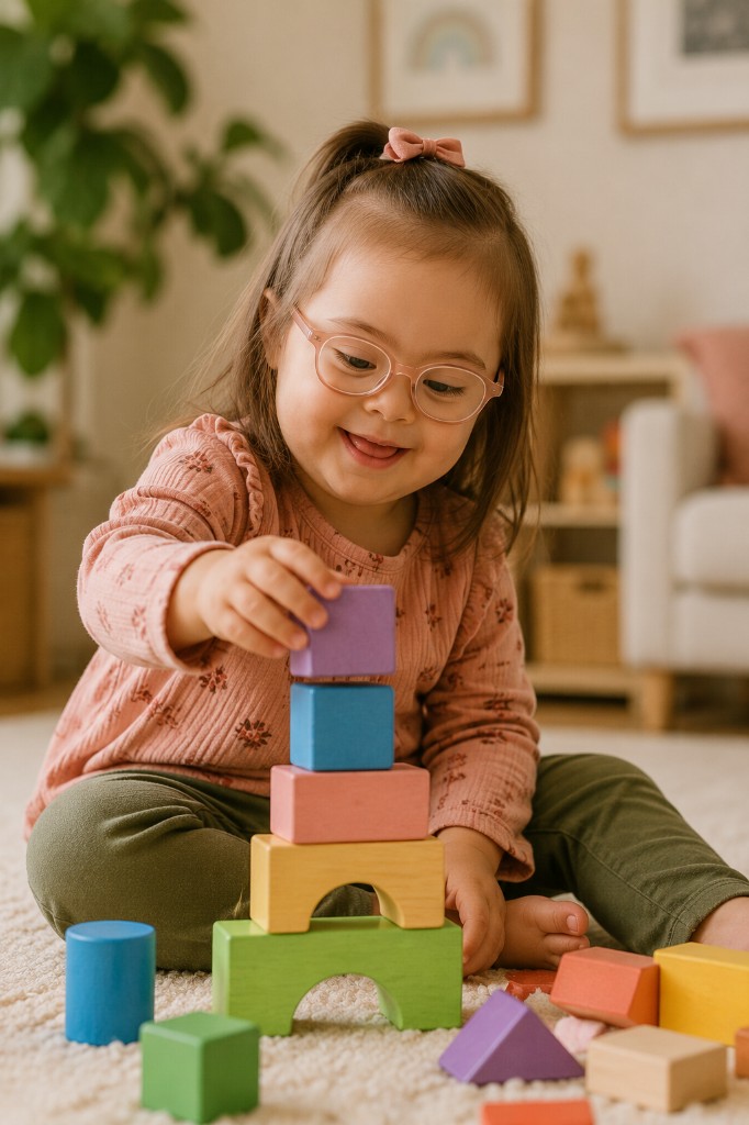 A young girl with Down syndrome wearing pink glasses, smiling as she stacks colorful wooden blocks on a rug in a bright playroom