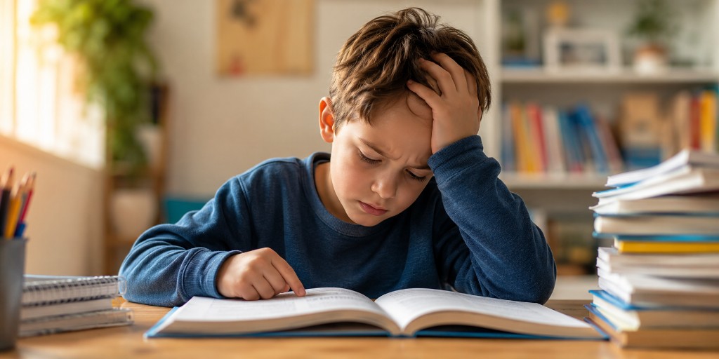 A young boy at a wooden desk looking intently at an open book, hand on his forehead, with books and colored pencils nearby
