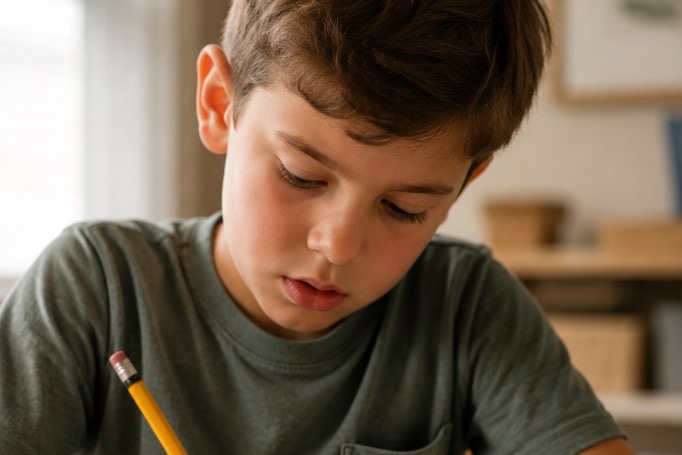 A young boy concentrating while writing with a pencil at a wooden table in a warm sunlit room