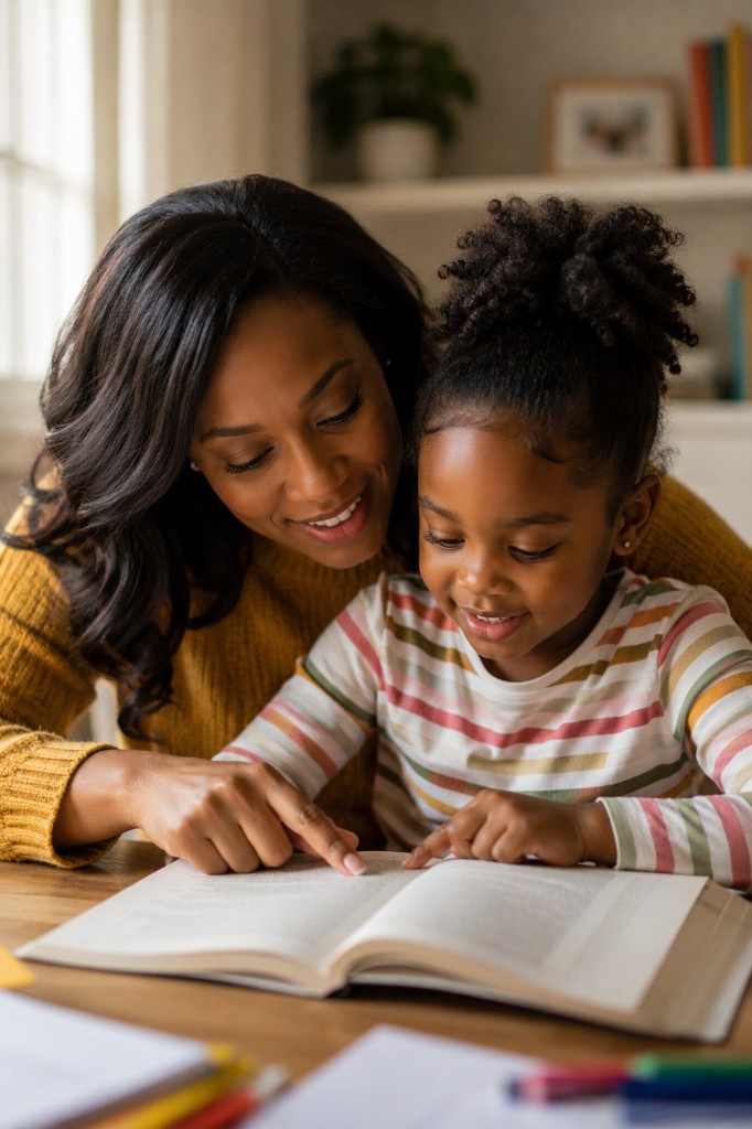 A mother and young daughter smiling together as they read an open book at a wooden table, both pointing at the words on the page