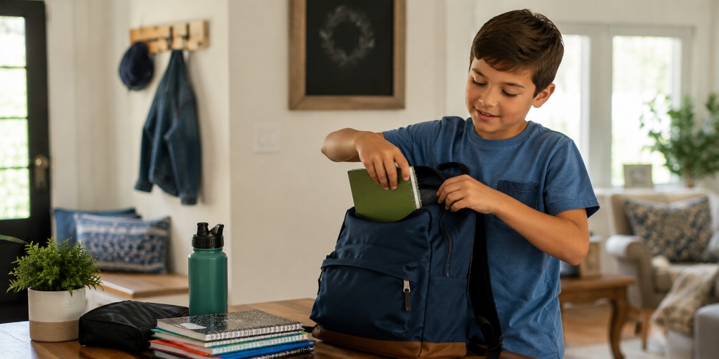 A boy packing a navy backpack with notebooks and school supplies at a wooden table in a bright home