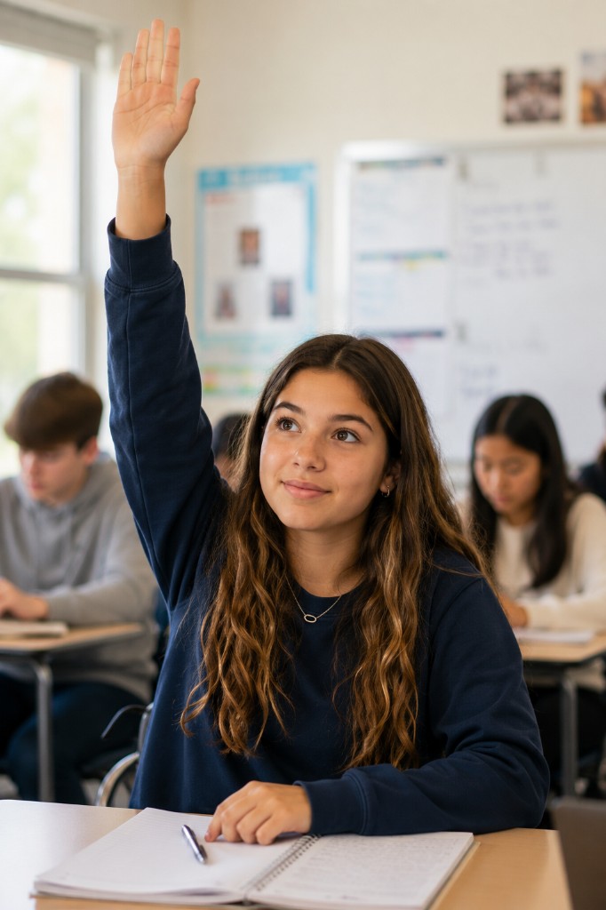 A teenage girl in a classroom raising her hand while sitting at a desk with an open notebook