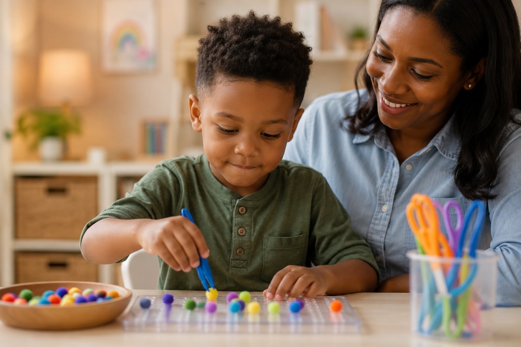 A young boy using blue tweezers to place colorful pom-poms on a grid board while a woman beside him watches with a warm smile