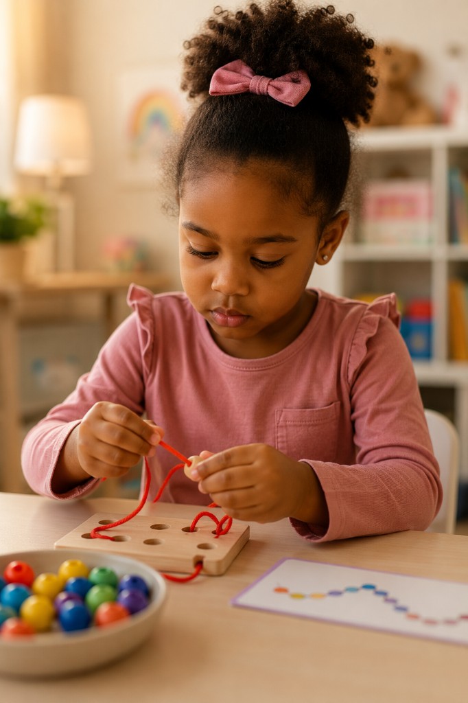 A young girl concentrating as she threads a wooden bead onto a red string at a play table with colorful beads
