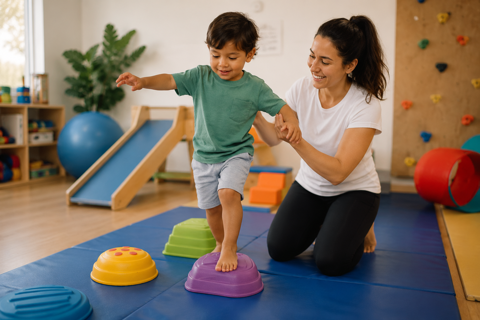 A young boy stepping across colorful balance pods on a blue mat while a smiling woman kneels beside him for support