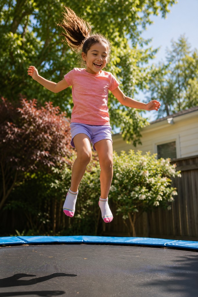 A joyful young girl mid-jump on a backyard trampoline with arms outstretched for balance