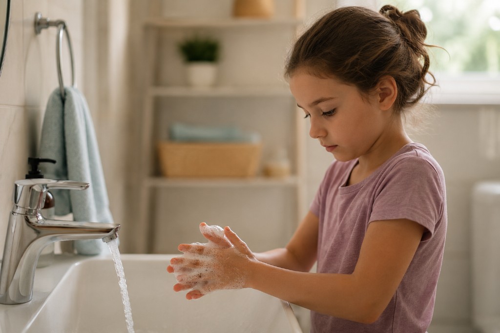 A young girl with a serious, focused expression washing her hands with soap suds at a bathroom sink