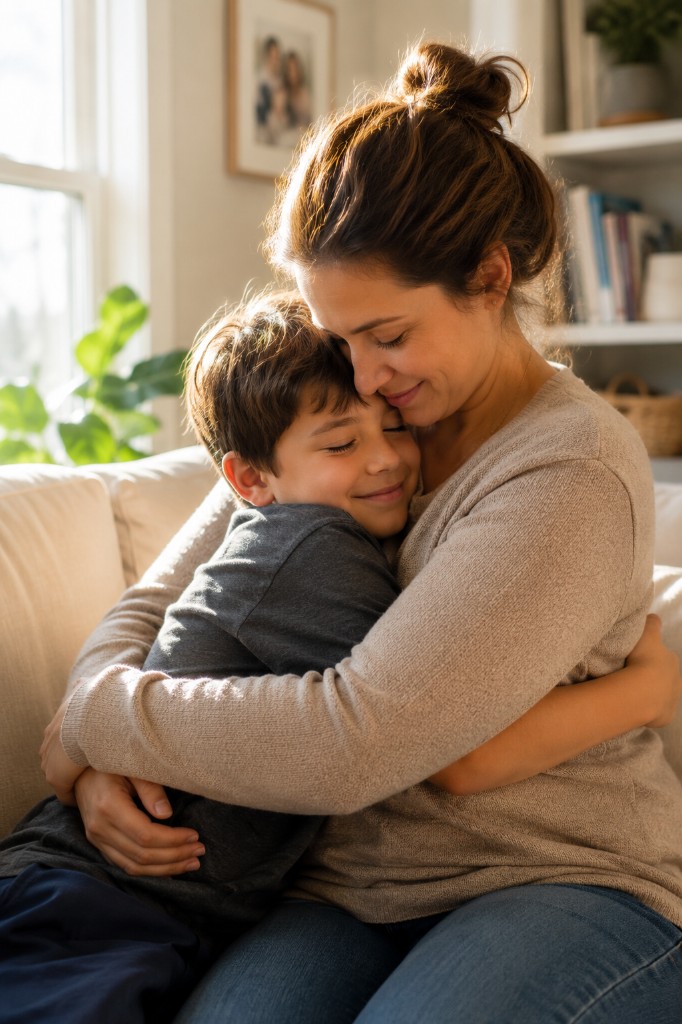 A mother and young son hugging on a sofa in warm sunlight, both with eyes closed in a calm embrace