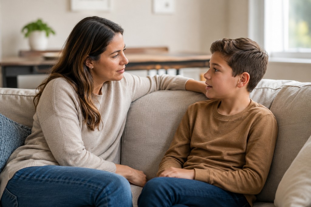 A mother and son sitting on a couch in earnest conversation, leaning toward each other in a calm living room