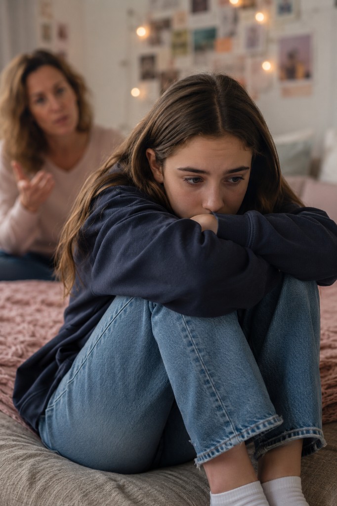 A teenage girl sitting on a bed with knees pulled to her chest, looking withdrawn while an adult sits behind her