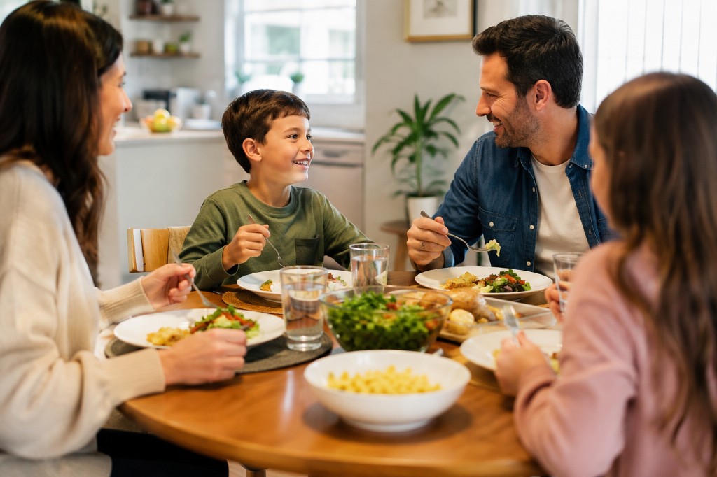 A family of four smiling and eating together at a round wooden dining table with salad, pasta, and chicken