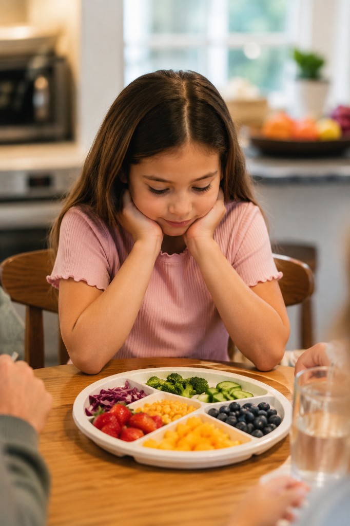 A young girl resting her chin in her hands while looking at a divided plate of colorful fruits and vegetables
