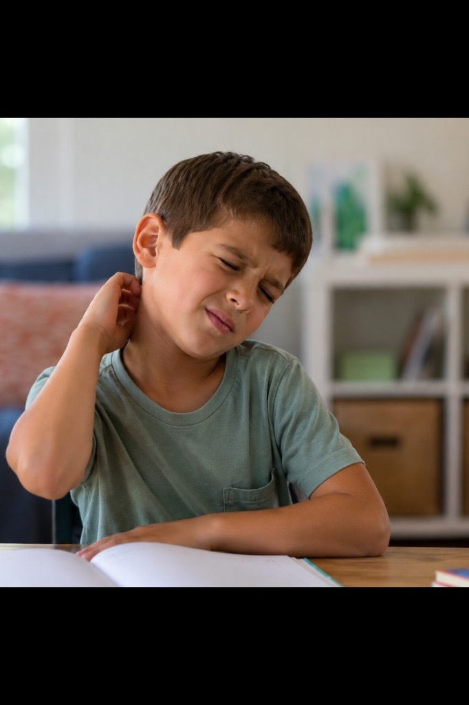 A young boy wincing with eyes shut while scratching at the back of his neck and shirt collar at a desk
