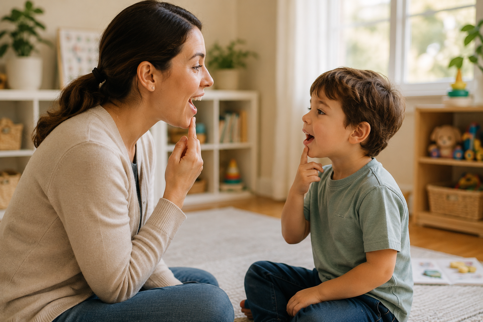 A woman kneeling on a rug demonstrates a speech sound while a young boy mirrors her gesture, touching his chin