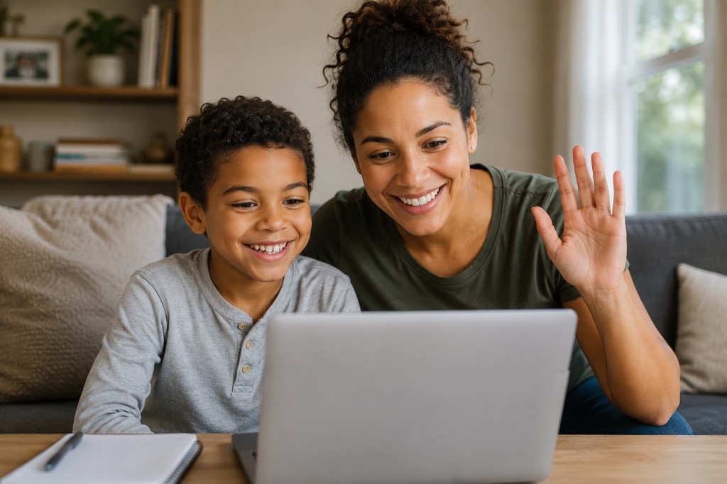 A smiling woman and boy waving at a laptop during a video call at a kitchen table