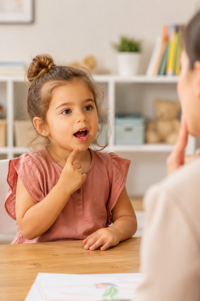 A young girl practicing a speech sound with her finger on her chin while an adult mirrors the gesture across a table