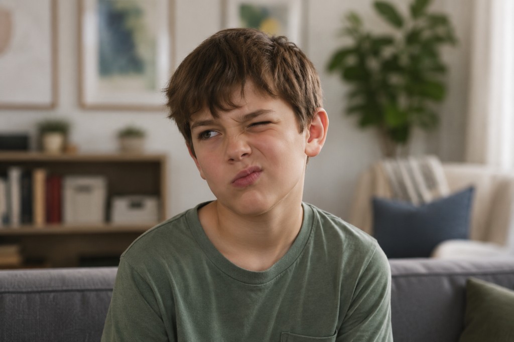 A boy on a grey sofa in a living room with a facial tic — one eye squinted and the left side of his face scrunched