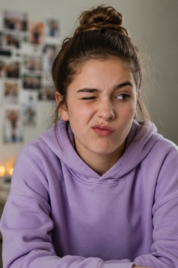 A teenage girl in a lavender hoodie making a facial grimace — one eye squinted shut — in her bedroom