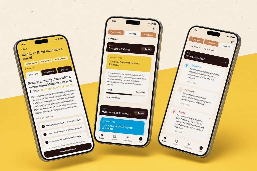 Three Kinspire app screens for one child: a breakfast choice board strategy, an article series on breakfast refusal, and personalized insights