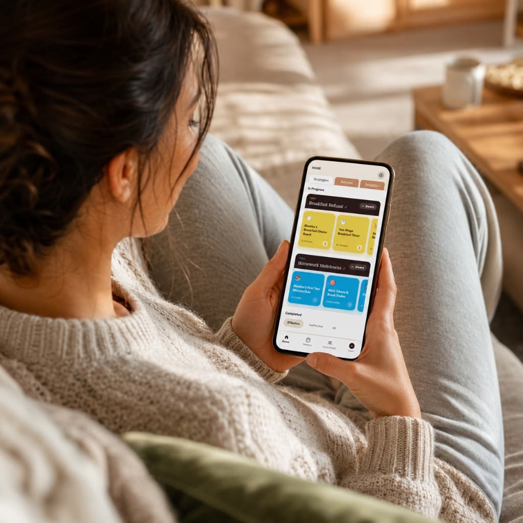 Parent using Kinspire on a phone, viewing strategies on the home screen