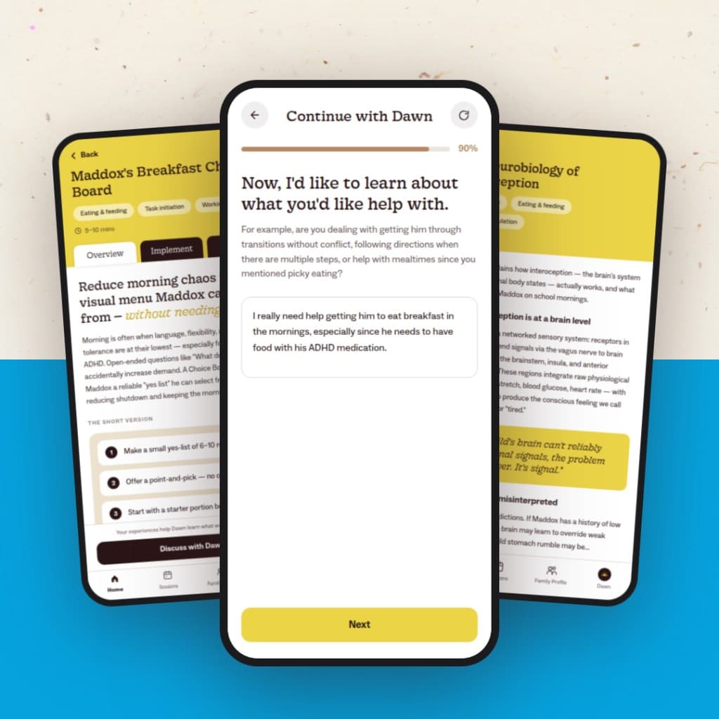 Kinspire Dawn screens showing strategies, onboarding, and article support