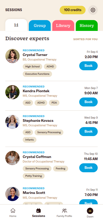Kinspire 1:1 sessions screen with recommended experts, specialties, and book buttons